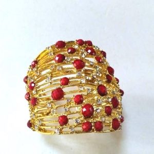 Gorgeous Red and crystal cuff bracelet 3" wide